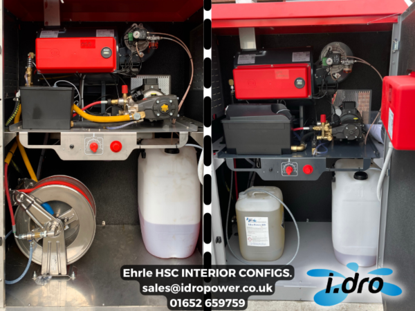 Ehrle HSC comparison of setups. Left: 60L diesel tank on the right, hose reel, with space for 20L cleaning detergent. Right: 60L diesel tank on the right, one 20L cleaning detergent tank, with space for a 2nd.