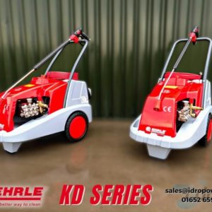 A pair of KD1140 Ehrle Cold Water Pressure Washers with red covers on a blurred background.